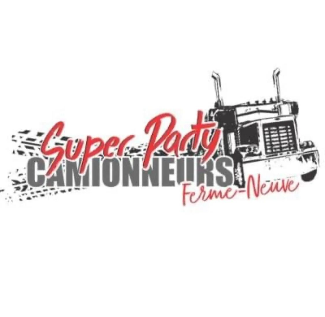 Logo pour Super Party Camionneurs Ferme-Neuve avec une illustration de camion et des traces de pneus en rouge et gris.