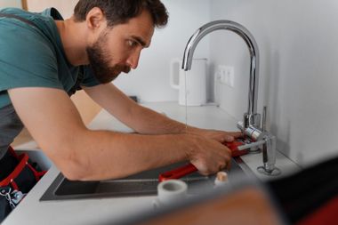 Man repairing a kitchen sink with a wrench beside a chrome faucet