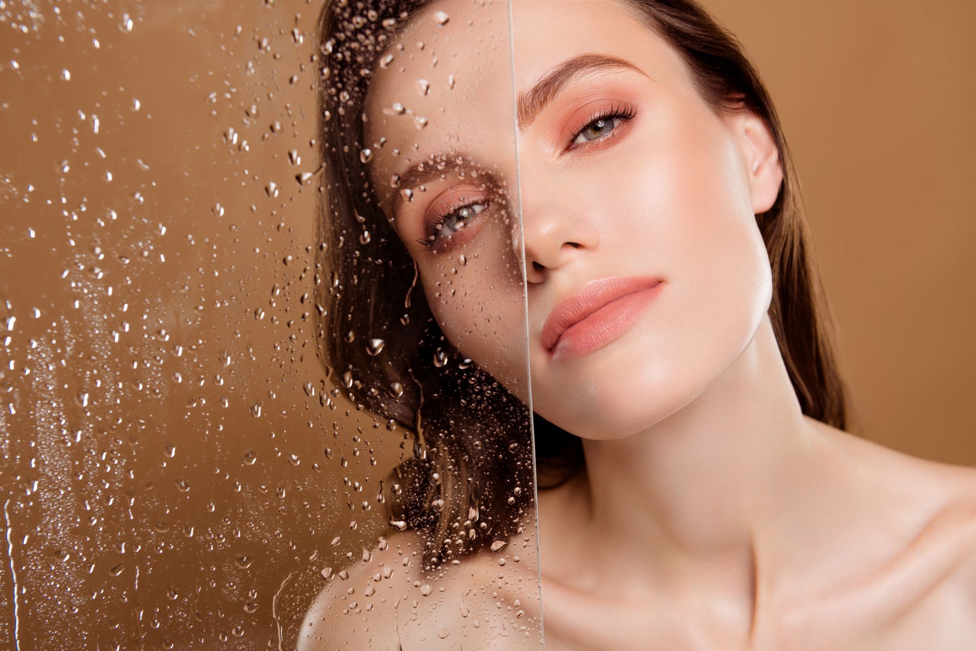 A woman is taking a shower with water drops on her face.