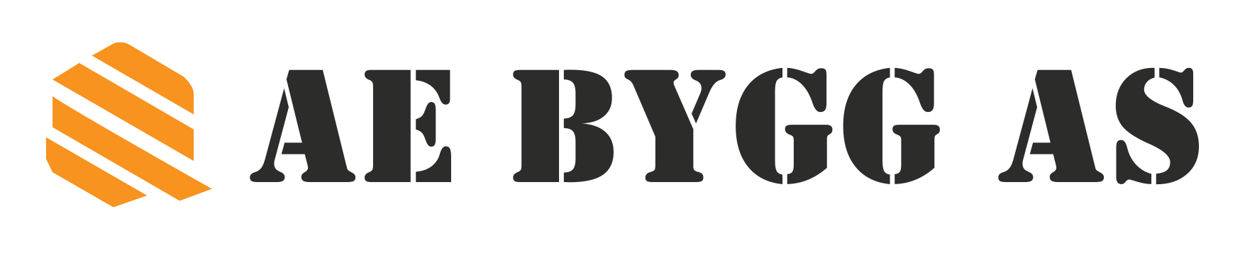Logo of AE BYGG AS, text with a hexagonal shape with orange stripes.