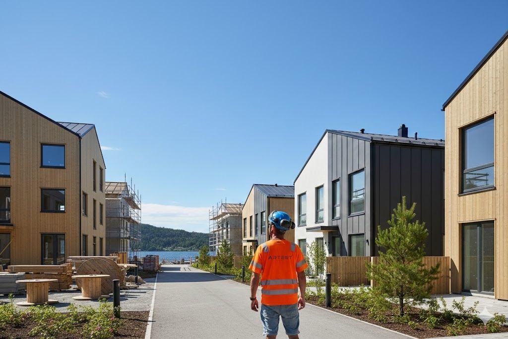 Construction worker walking on a path in a new housing development; blue sky and water in background.