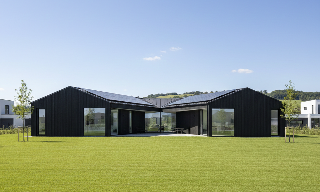 Modern three-story building with black and white exterior, balcony with glass railing, and blue sky background.