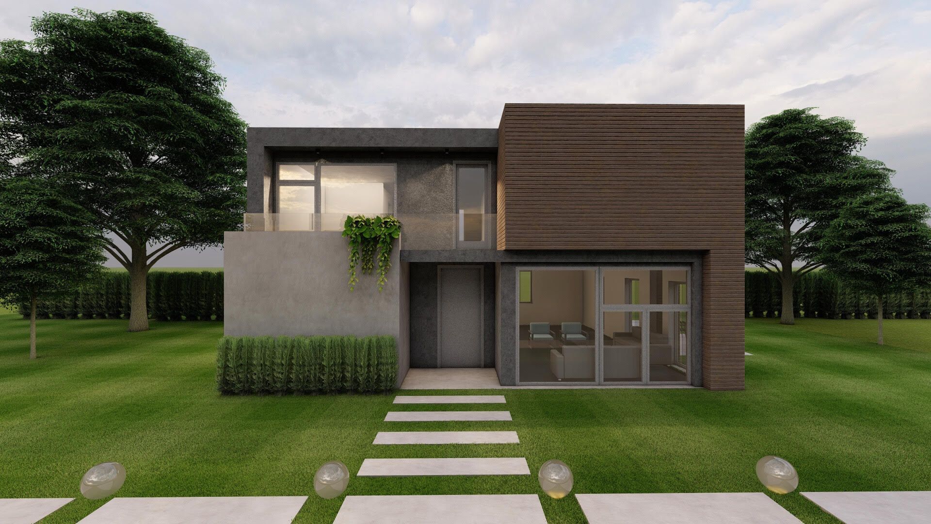 Modern two-story house with gray, brown, and glass facade, green lawn, and stepping stone path.