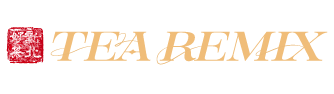 「TEA REMIX」的標誌，左側為紅色方塊圖案。文字採用淺橙色手寫體。