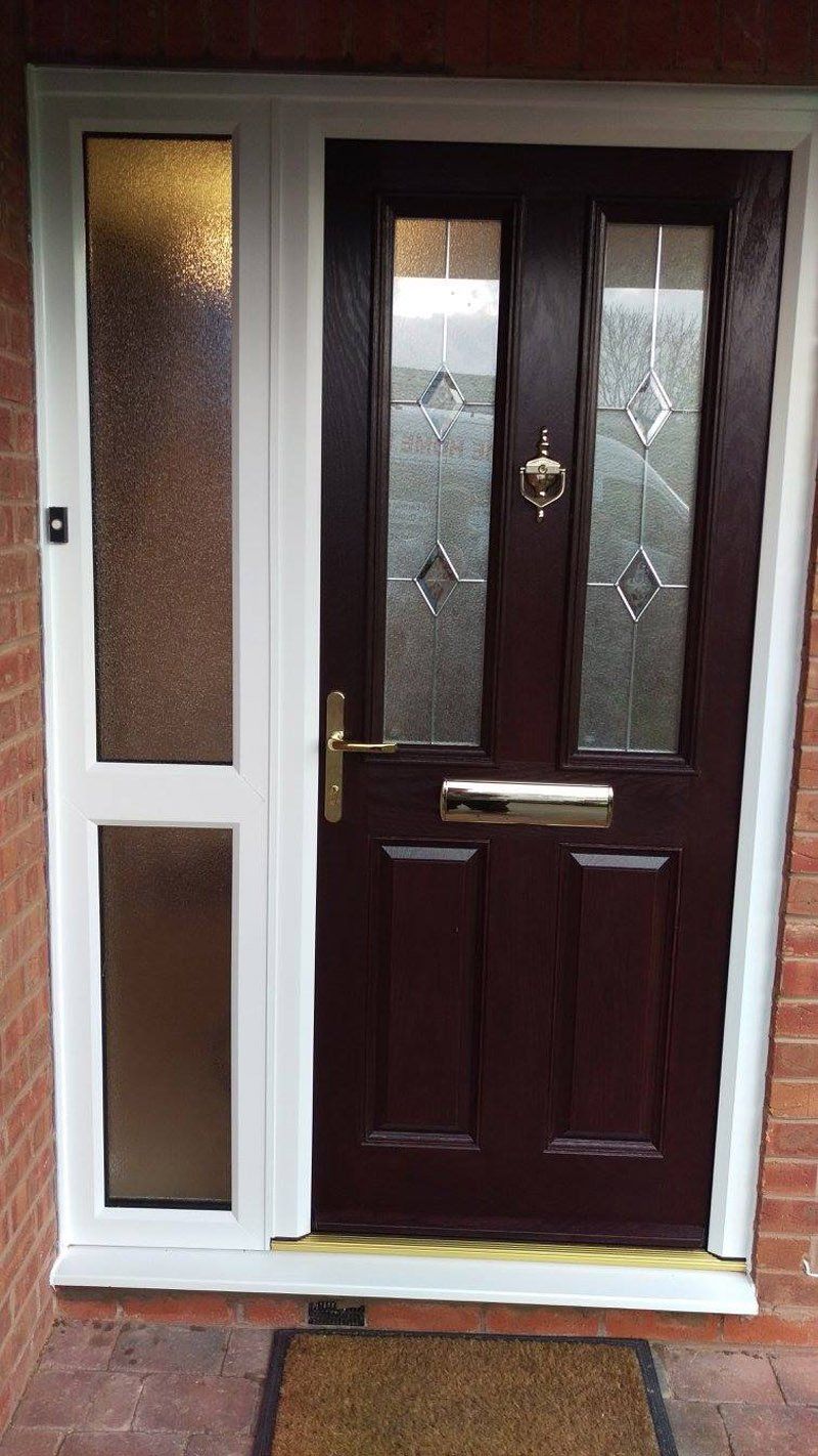 Composite door-2 panel, 2 square style in dark wood with white frame and side panel