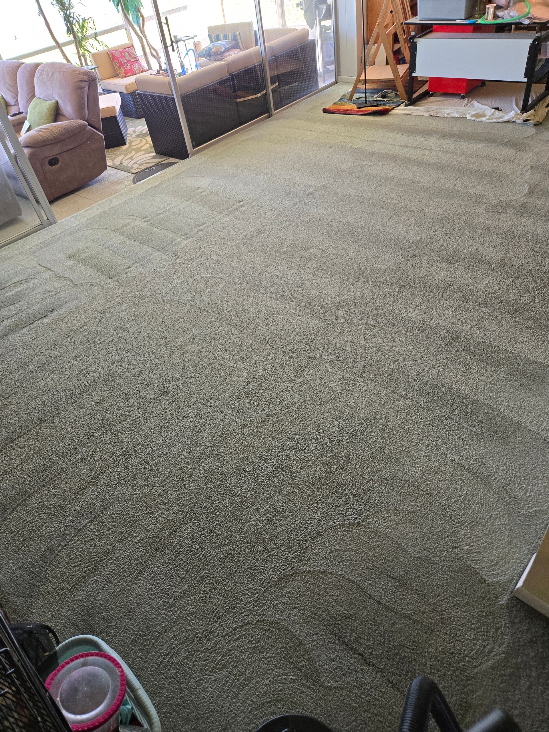 Carpeted living room with sunlight, furniture along the walls, and a vacuum attachment in the foreground