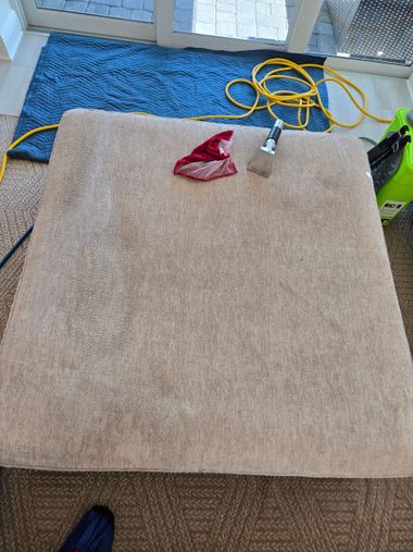 Beige carpet on a blue floor with a red cloth and a white cable near a window.