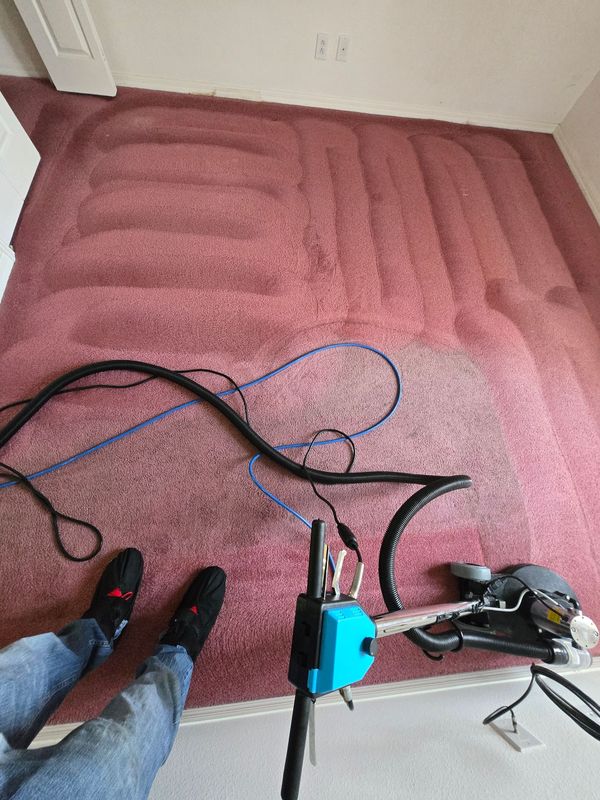 Person standing on pink carpet beside vacuum cleaner and tangled cords near a wall in a room