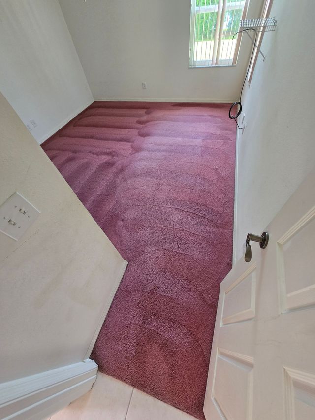 Person standing on pink carpet beside vacuum cleaner and tangled cords near a wall in a room