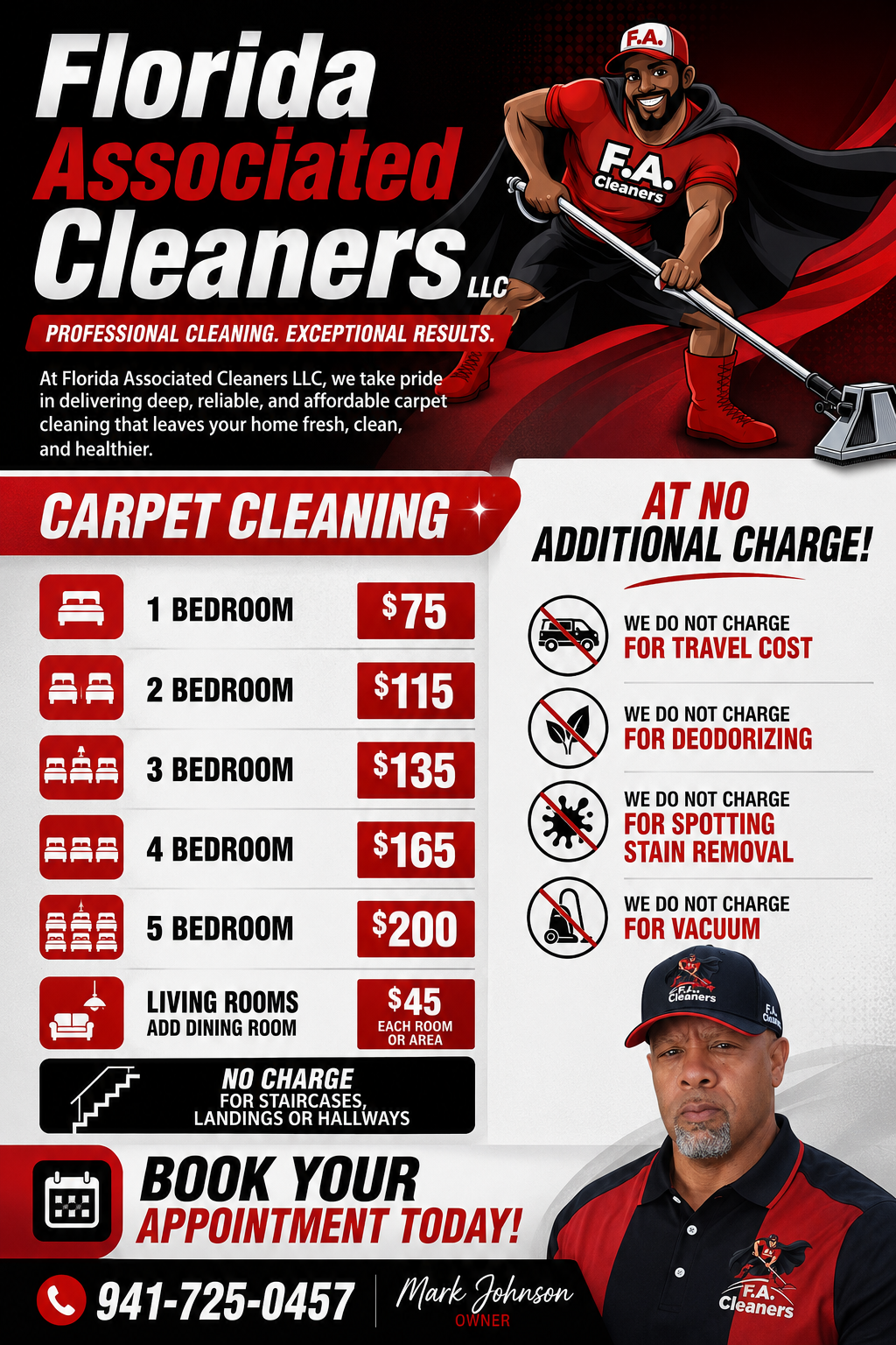 Florida Associated Cleaners carpet cleaning ad with pricing, red-and-black design, and a football player photo