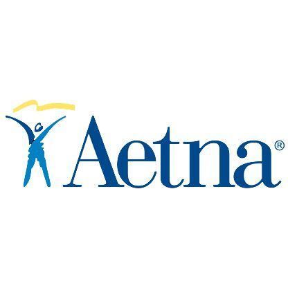 the aetna logo is blue and yellow and has a person with their arms outstretched .