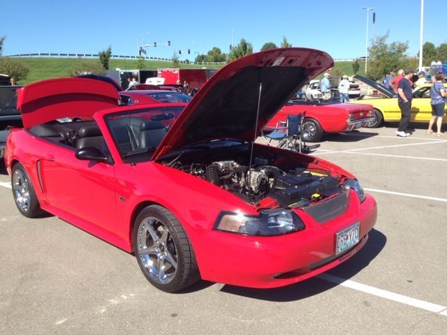 A red Ford Mustang convertible parked at an outdoor car show with its hood and trunk open on a sunny day.