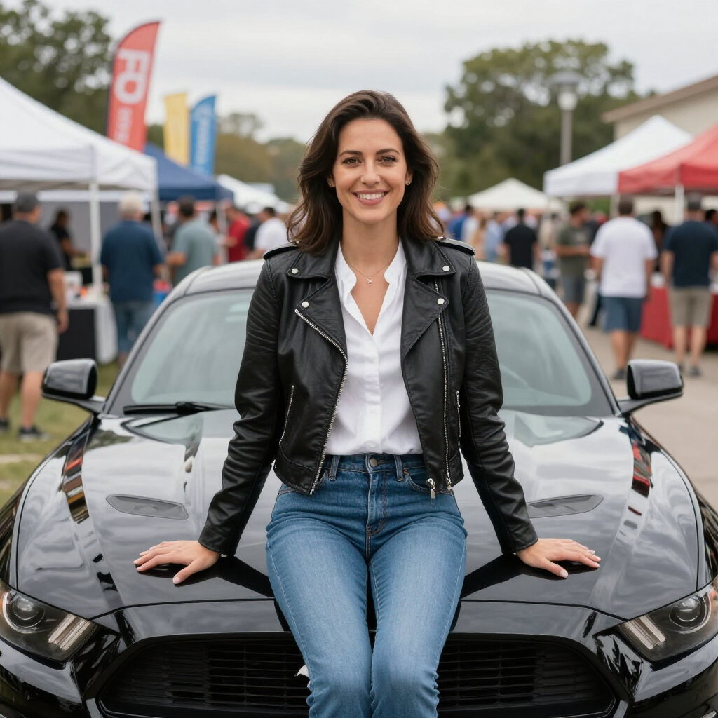 A smiling person in a black leather jacket and jeans sits on the hood of a black sports car at an outdoor event.