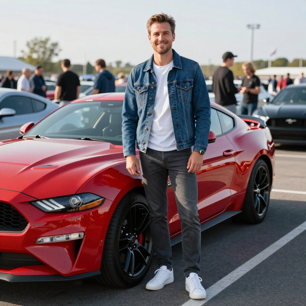 A person stands smiling in front of a bright red Ford Mustang in a parking lot on a sunny day.