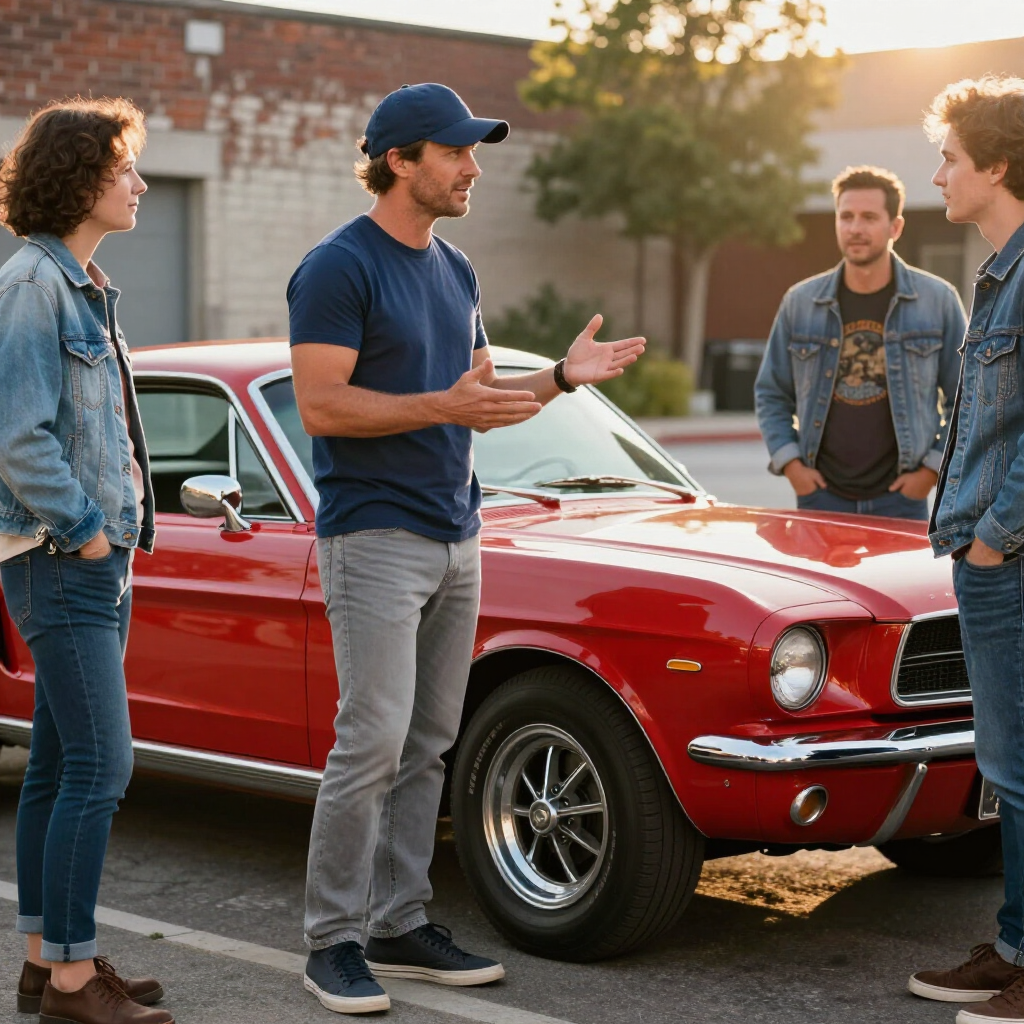 A group of four people stand around a vintage red car in a parking lot, with one person gesturing while speaking.