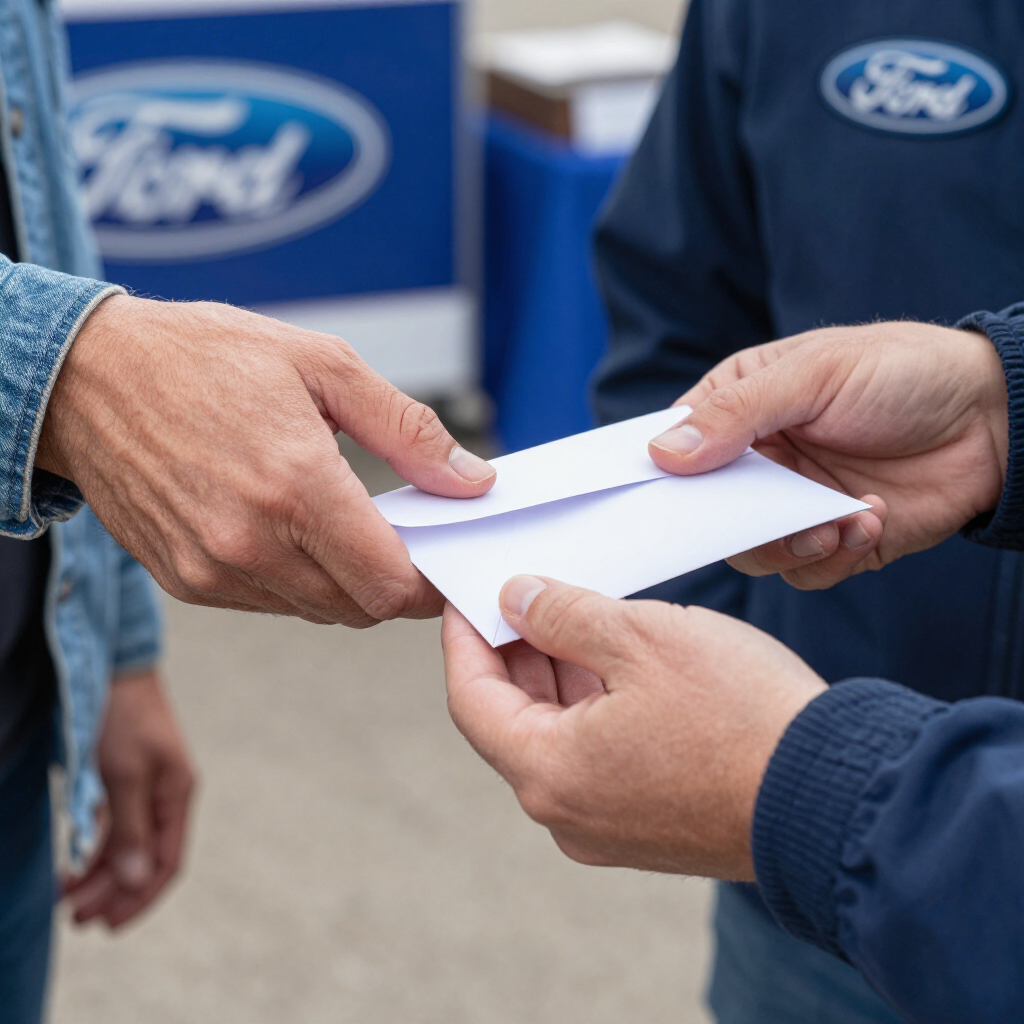 Two people exchange a white envelope in front of a Ford logo.