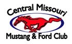 Logo for the Central Missouri Mustang & Ford Club, featuring a red running horse inside a dark blue oval.