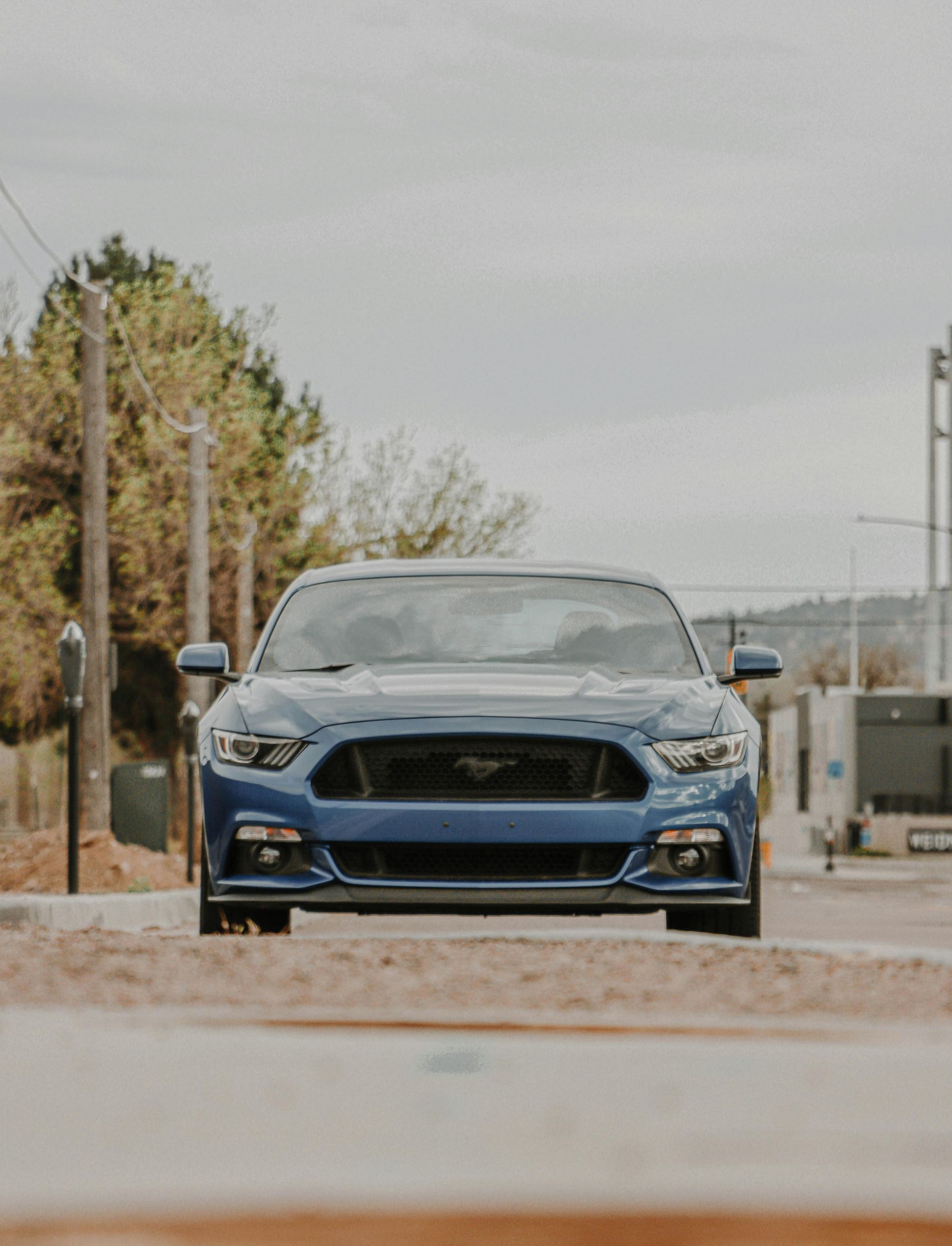 A blue Ford Mustang parked on a gravel road against a backdrop of trees and a cloudy sky.