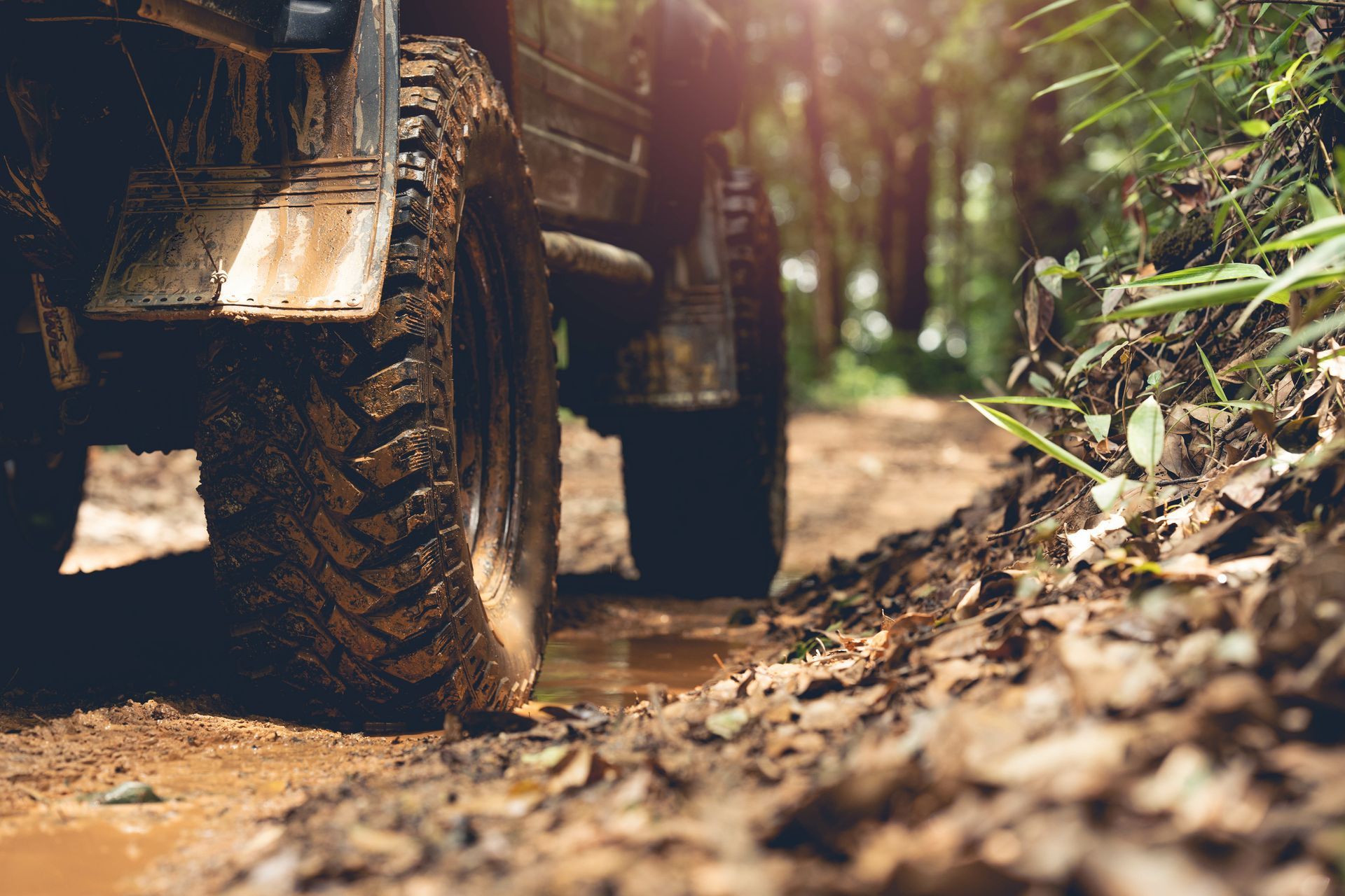 Off-road vehicle on a muddy trail in a forest, close-up of tire.