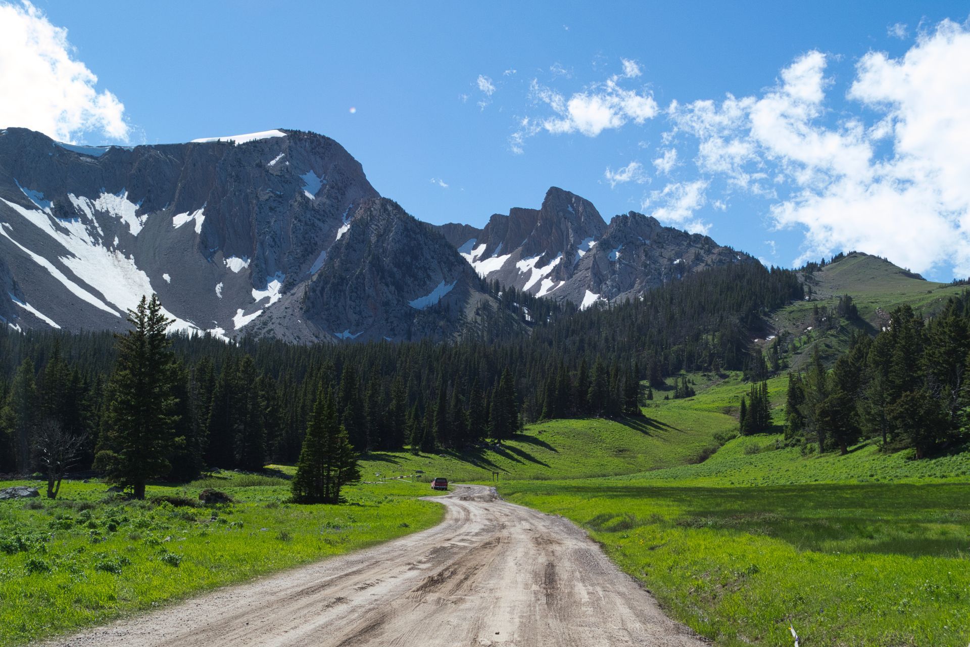 Dirt road winding through green meadow and pine forest toward snow-dusted mountain peaks under a blue sky