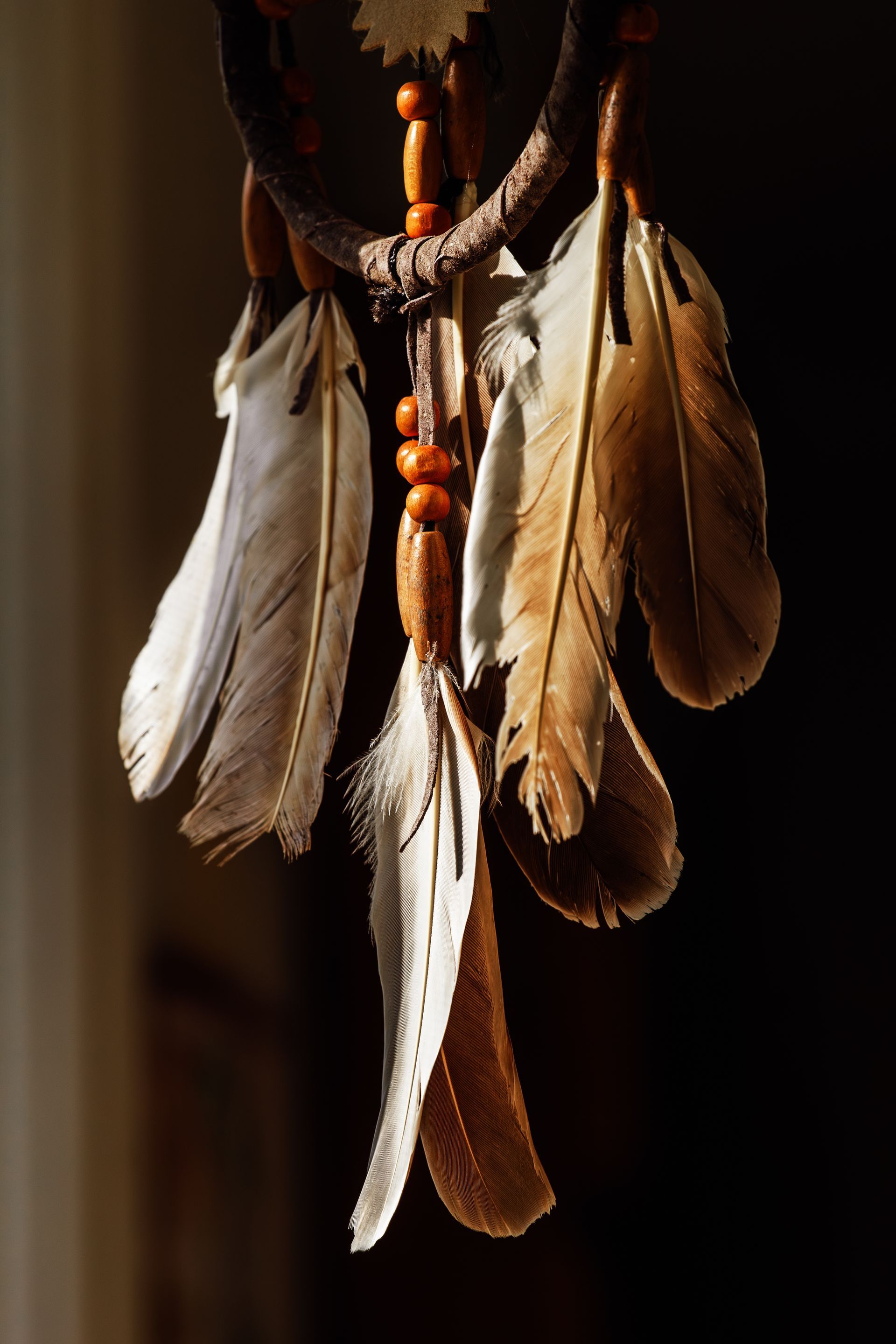 A dreamcatcher with dangling feathers and wooden beads, illuminated against a dark background.