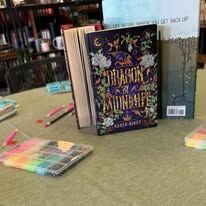 Books on a table: "Dragon of Midnight," a colorful palette, and other books.