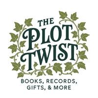 The Plot Twist logo: dark green text with ivy, advertising books, records, gifts, and more.