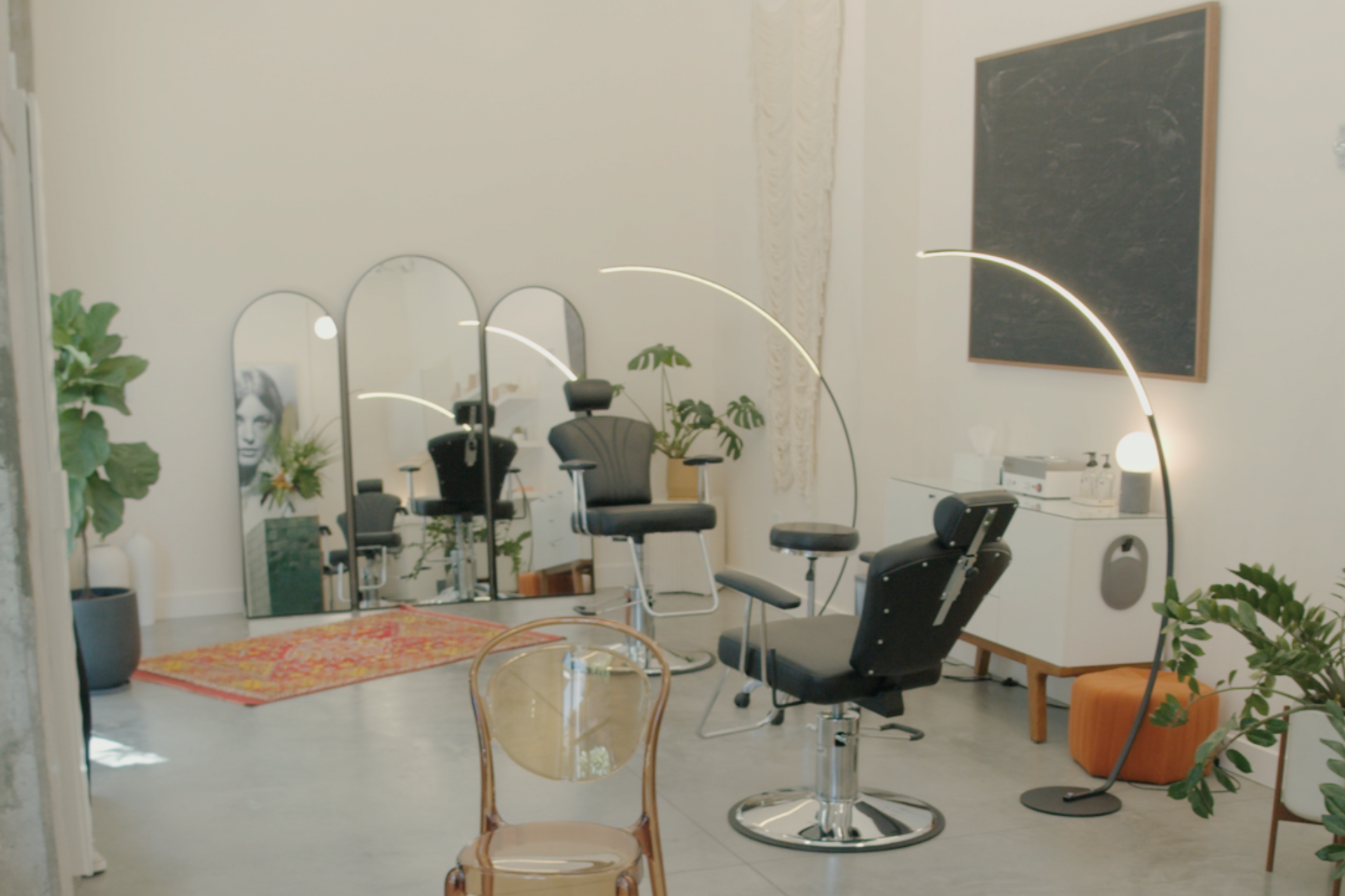 Modern salon interior with styling chair, mirrors, rugs, plants, and a canvas on the wall.