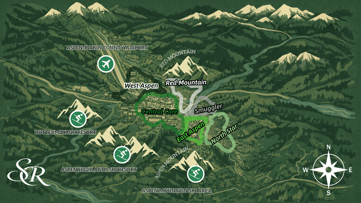 A detailed map showing Aspen, CO's different micro-locations & Neighborhoods. Including West Aspen, Smuggler Ln, Central Aspen, East Aspen, Red Mountain, & North Star Nature Preserve Area
