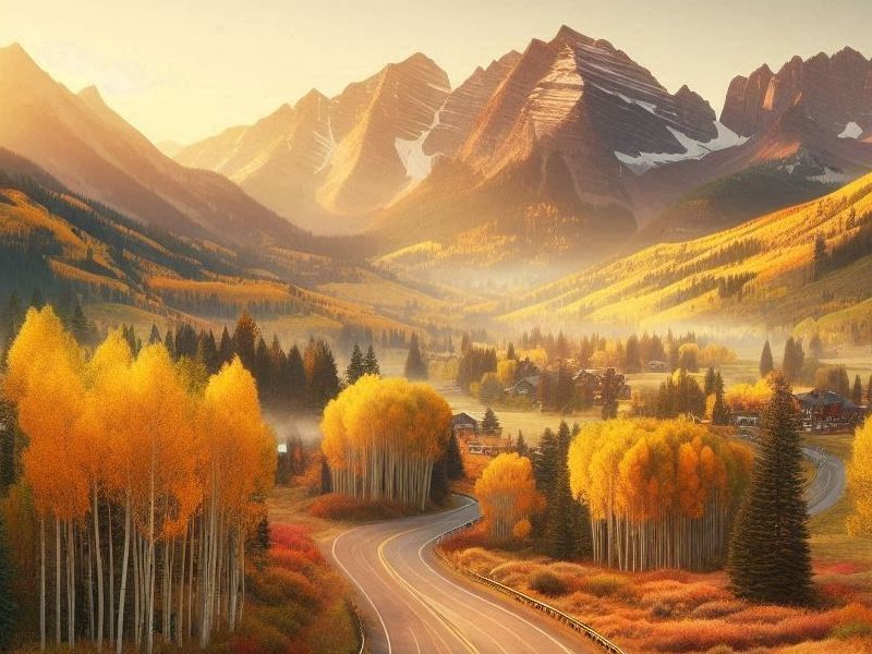 A road going through a mountain valley with trees and mountains in the background in Aspen CO in October