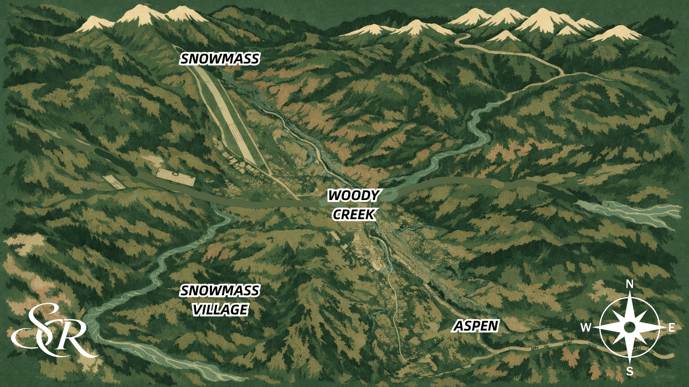 a detailed map of Aspen, CO's surrounding neighborhoods including Aspen, Snowmass, Woody Creek & Snowmass Village