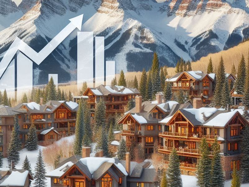 A living room in an Aspen timeshare with a fireplace and a view of mountains