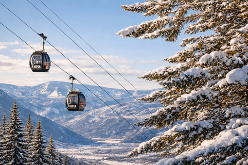 Two gondola cars traveling on cables above a snow-covered mountain valley with a pine tree in the foreground.