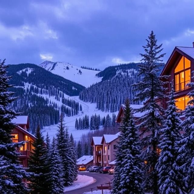 A snowy village with a mountain in the background