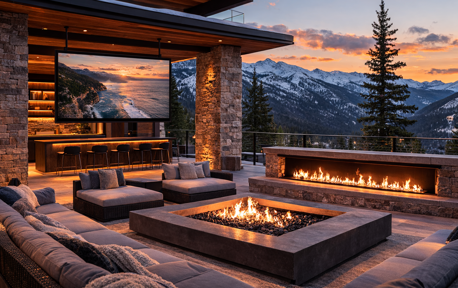 Luxury outdoor patio with a fire pit, large screen, bar, and seating, overlooking snow-capped mountains at sunset.