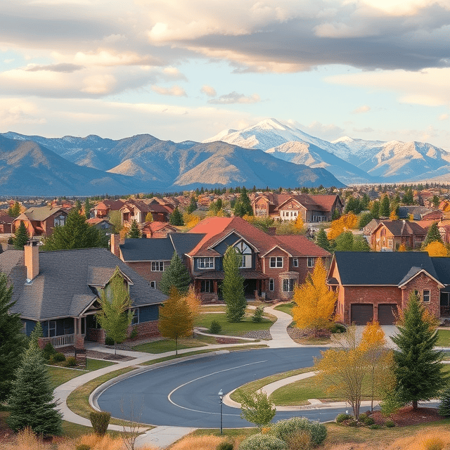 A residential neighborhood with mountains in the background