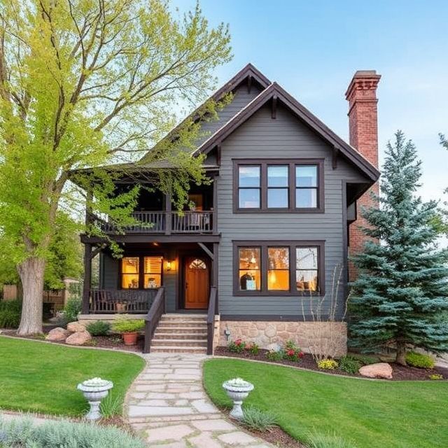 A large gray house with a brick chimney