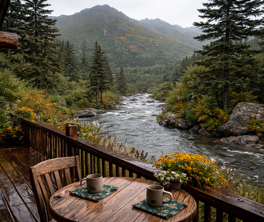 Two mugs sit on a wooden table on a rainy balcony overlooking a flowing river, forest, and mountain.
