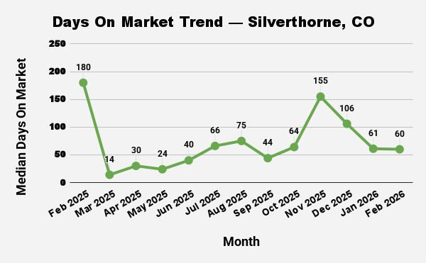 Line graph showing the trend of median days on market in Silverthorne, CO, from Feb 2025 to Feb 2026.