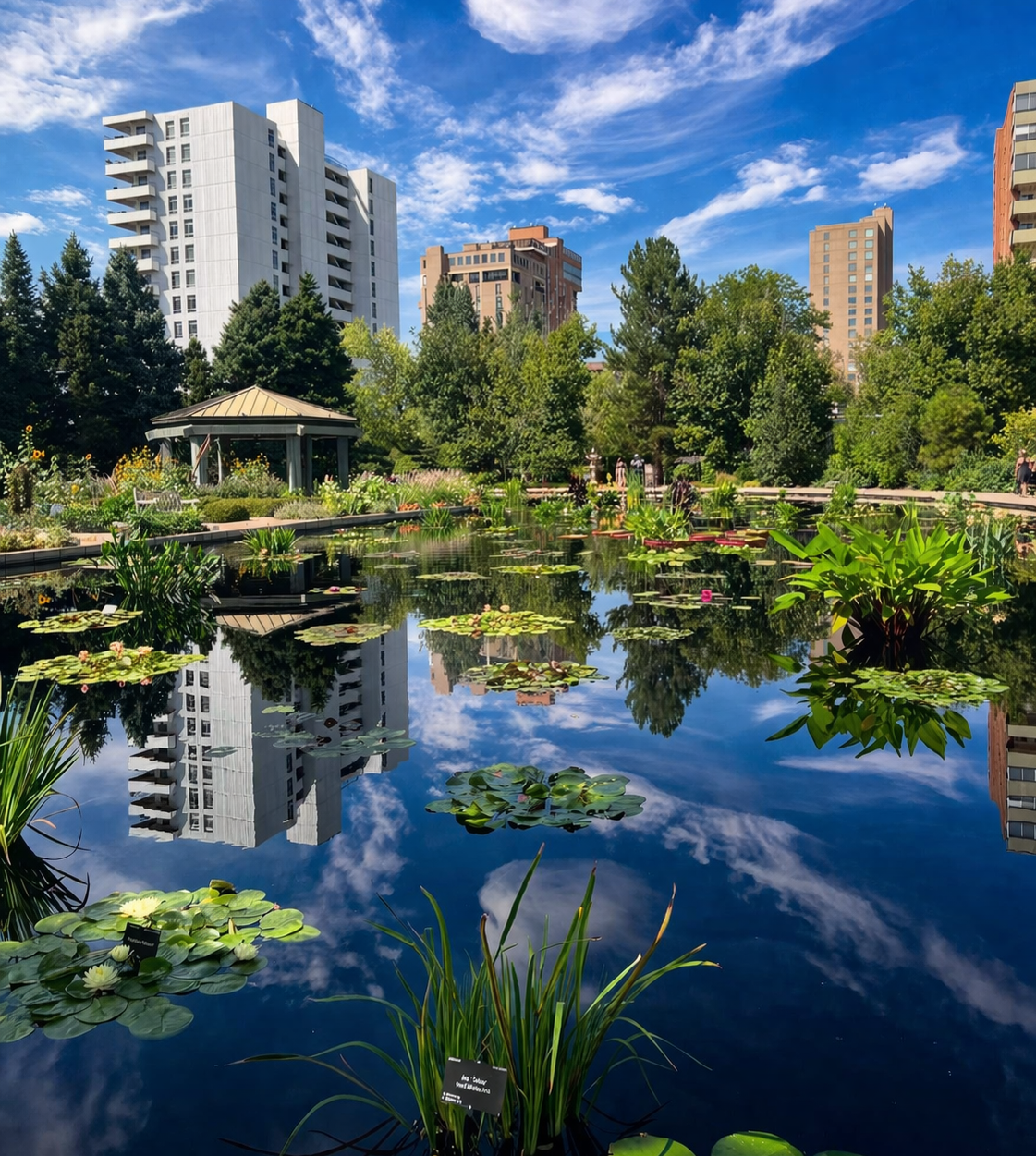 A street lamp stands before a building with a large orange 