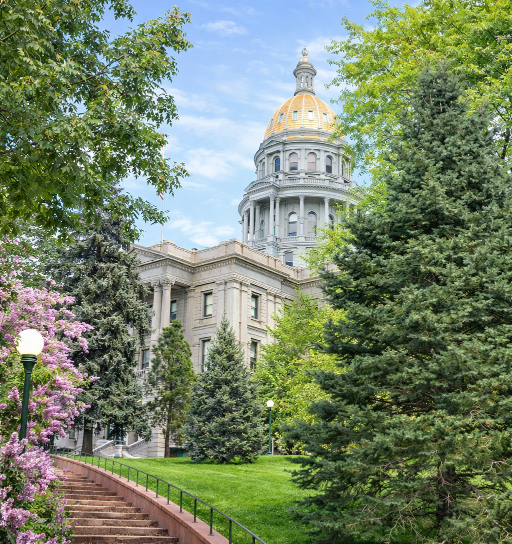 The Colorado State Capitol building with its gold-leaf dome, viewed from a park path framed by trees and a stone staircase.