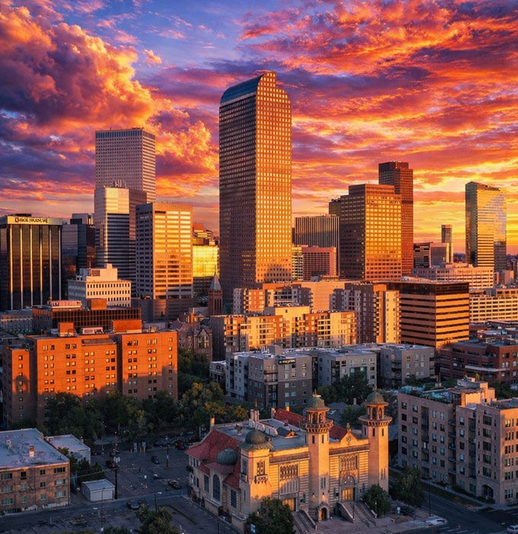 A golden sunset glows over a dense Denver, CO city skyline with high-rise buildings and a historic church in the foreground.