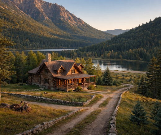 A rustic log cabin sits on a hillside overlooking a serene lake, framed by mountains and evergreen trees at sunset.