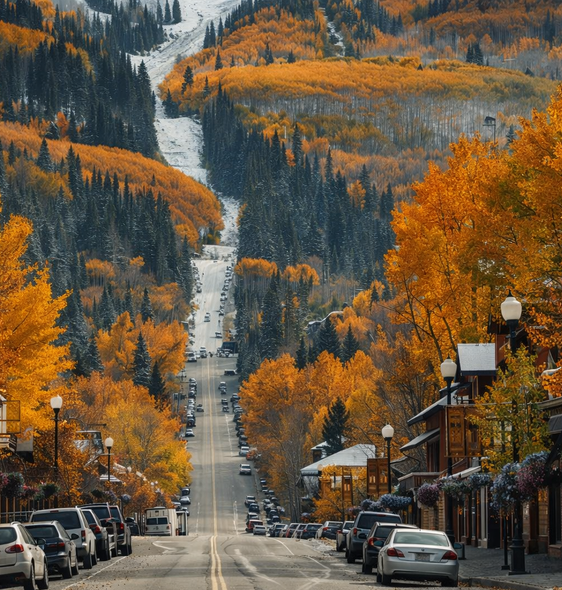 A street in a mountain town lined with autumn trees and parked cars, leading toward a snowy slope in the distance.