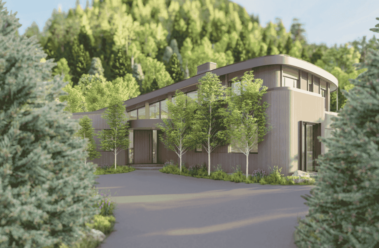 An artist 's impression of a modern house surrounded by trees.