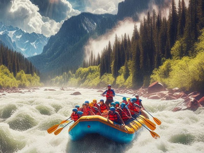 A group of people are rafting down a river in a raft enjoying outdoor activities in Aspen CO