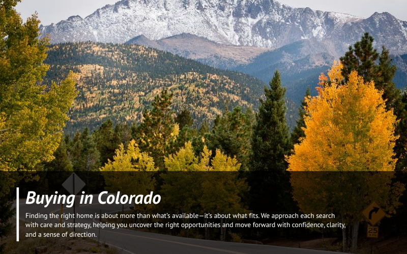 A scenic view of a mountain with snow-capped peaks behind golden autumn trees, with the text overlay 