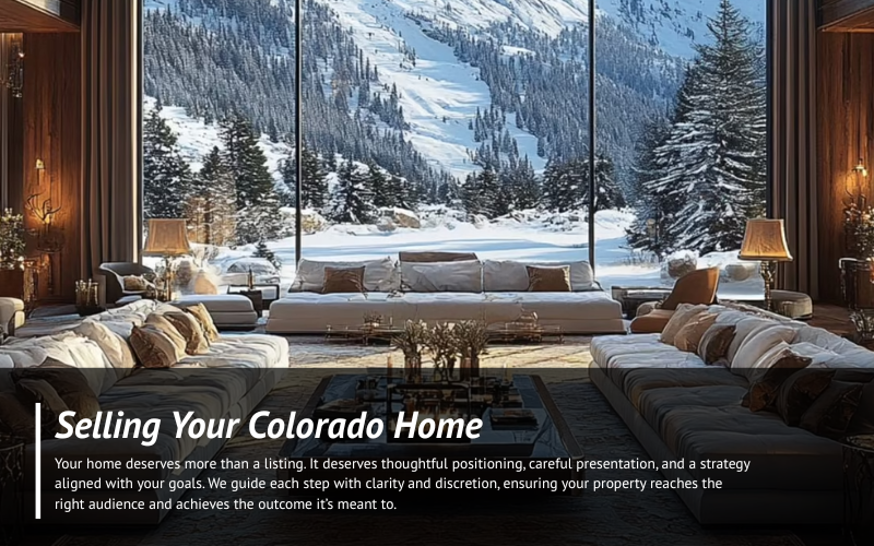A luxury living room with large windows overlooking a snowy mountain landscape and text about selling a Colorado home.