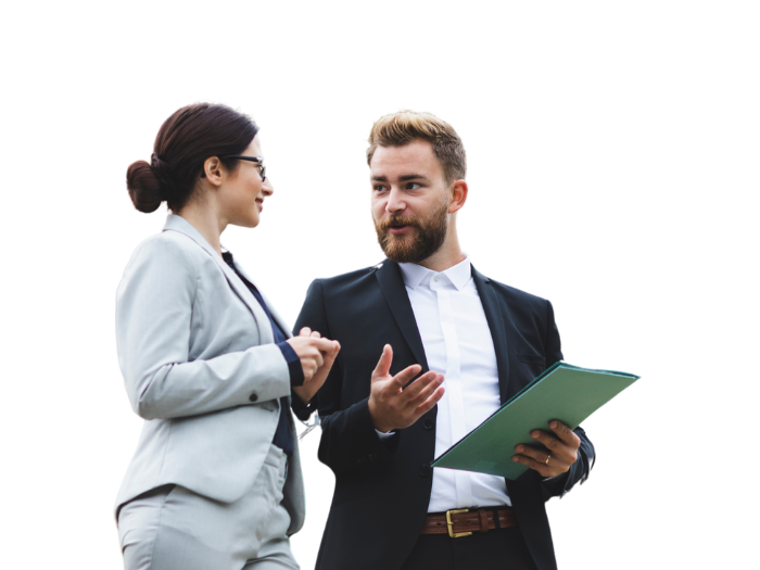 two real estate agents a man and a woman are talking to each other while the man is holding a clipboard.