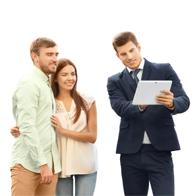 Real estate agent showing a tablet to a couple; inside, smiling.